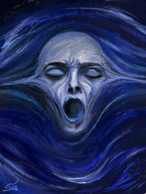 Dark Art von Anastasia Kourou – Surrealistisches Werk „The Torn Self“, ein schreiendes Gesicht, das mit blauen, fließenden Strukturen verschmilzt.