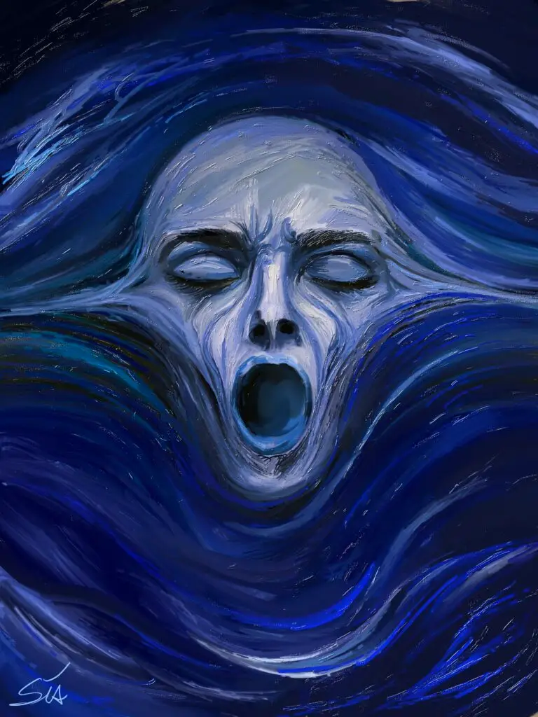 Dark Art von Anastasia Kourou – Surrealistisches Werk „The Torn Self“, ein schreiendes Gesicht, das mit blauen, fließenden Strukturen verschmilzt.