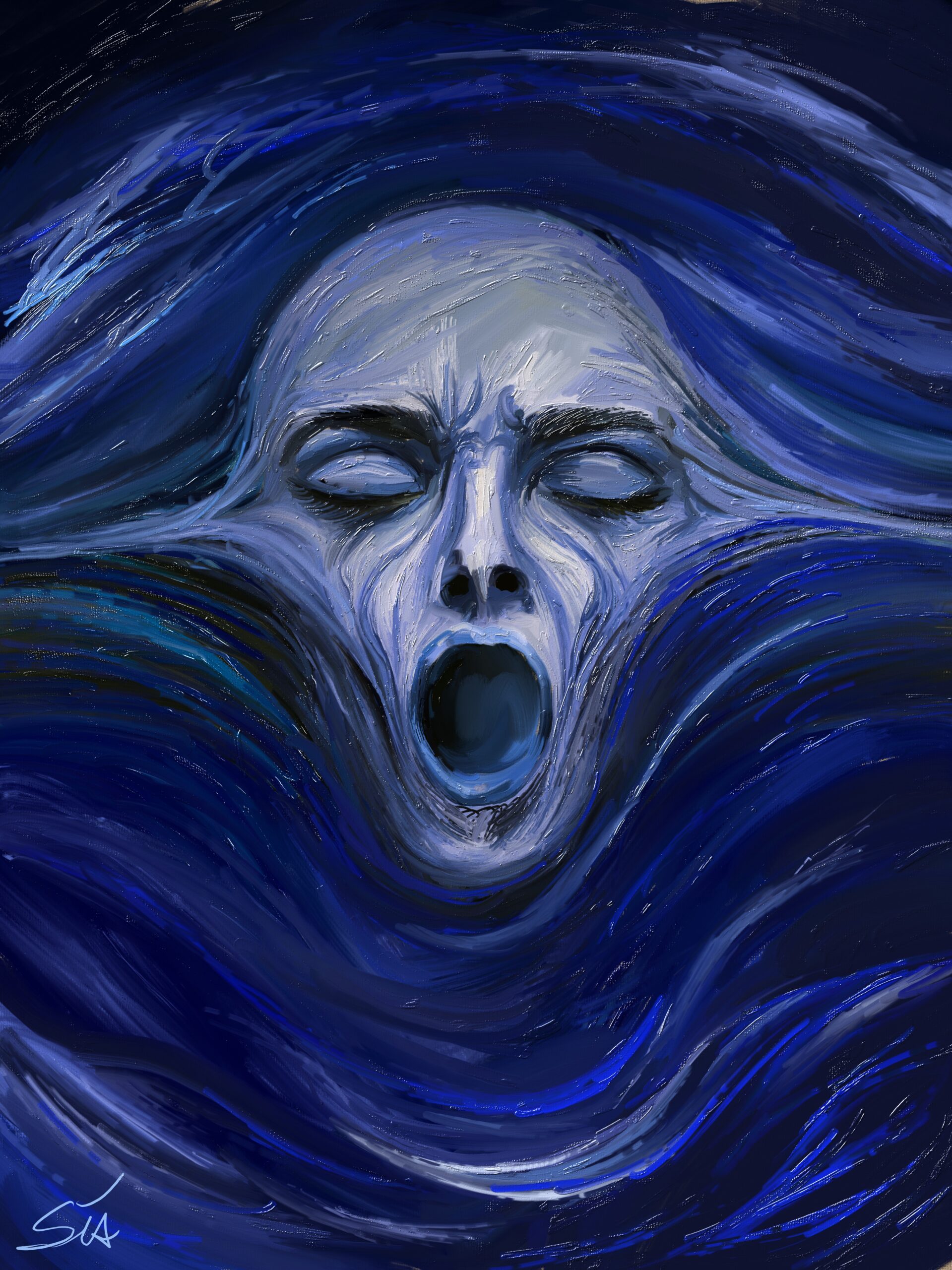 Dark Art von Anastasia Kourou – Surrealistisches Werk „The Torn Self“, ein schreiendes Gesicht, das mit blauen, fließenden Strukturen verschmilzt.