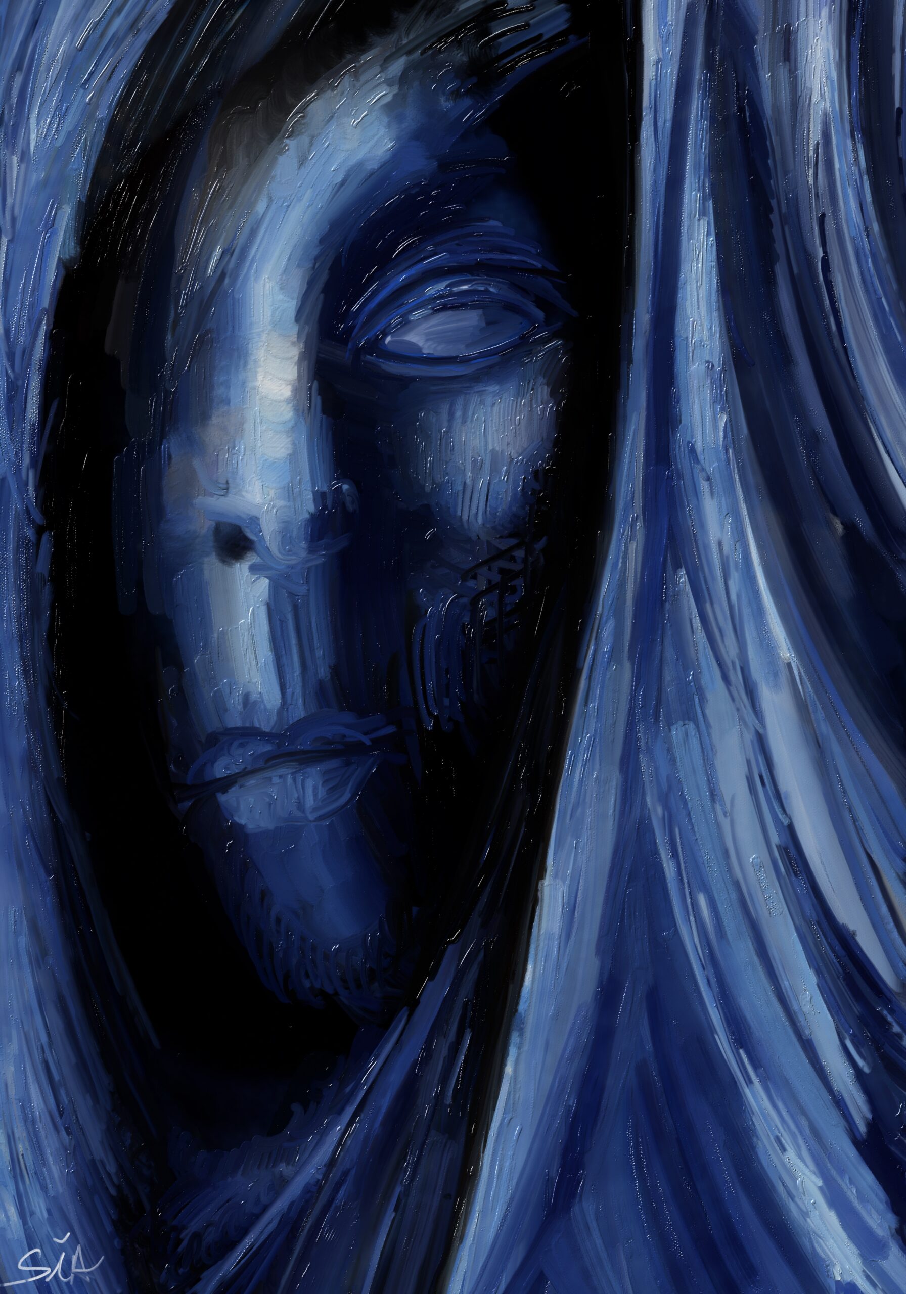 Dark Art Porträt „Echoes in Blue“ von Anastasia Kourou – mystischer Surrealismus in Blautönen, melancholisches Gesicht mit fließenden Schatten.