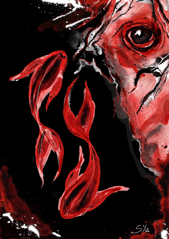 Abstrakte Dark Art „Emotions“ von Anastasia Kourou – intensives rotes Auge auf schwarzem Hintergrund mit organischen, fließenden Formen, die tiefe Emotionen symbolisieren.