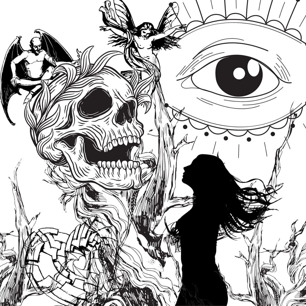 Schönheit der Vergänglichkeit | Life is Beautiful :Schwarz-weiße Dark-Surrealismus-Illustration: Eine weibliche Silhouette vor kahlen Bäumen blickt zu einem großen, detailreichen Auge und einem menschlichen Schädel auf, umgeben von einem geflügelten Dämon und einem Engel.