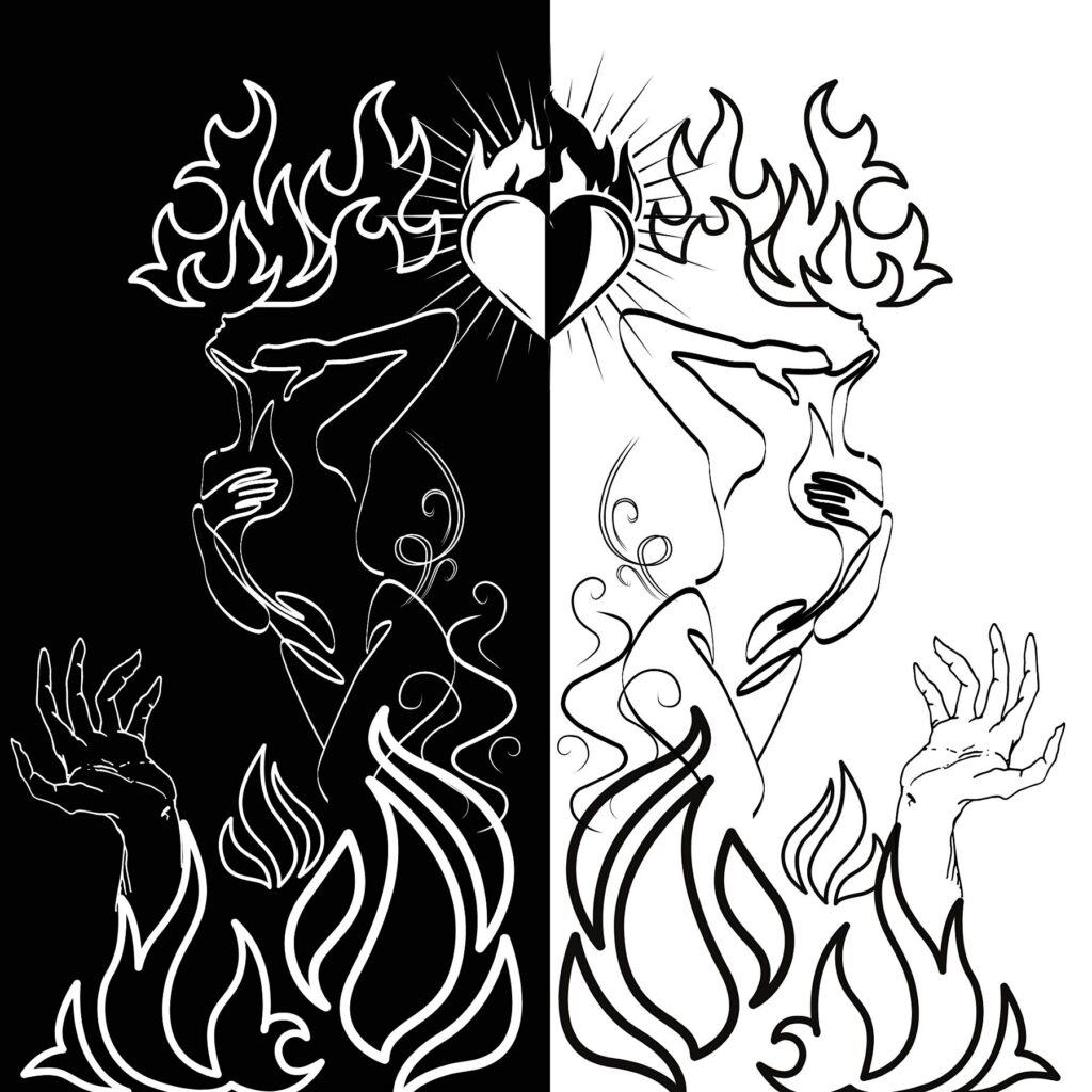 Burning | Transformation im Feuer :Dark Surrealism Inkwork von Anastasia Kourou: Eine dynamische Komposition, die lodernde Energie und das Feuer der inneren Transformation visualisiert.