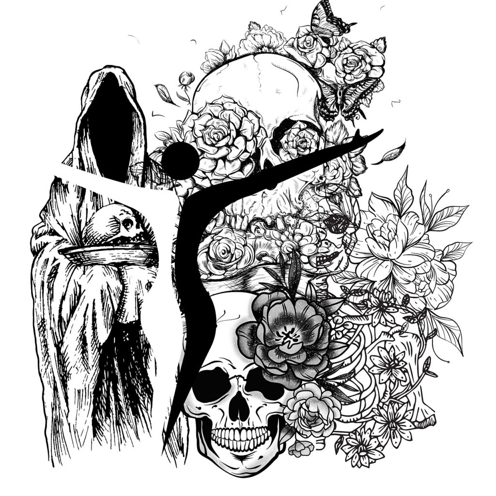 That's Life:Dark Surrealism Inkwork von Anastasia Kourou: Eine visuelle Metapher des Lebensflusses zwischen floraler Kraft und der Präsenz der Sterblichkeit.
