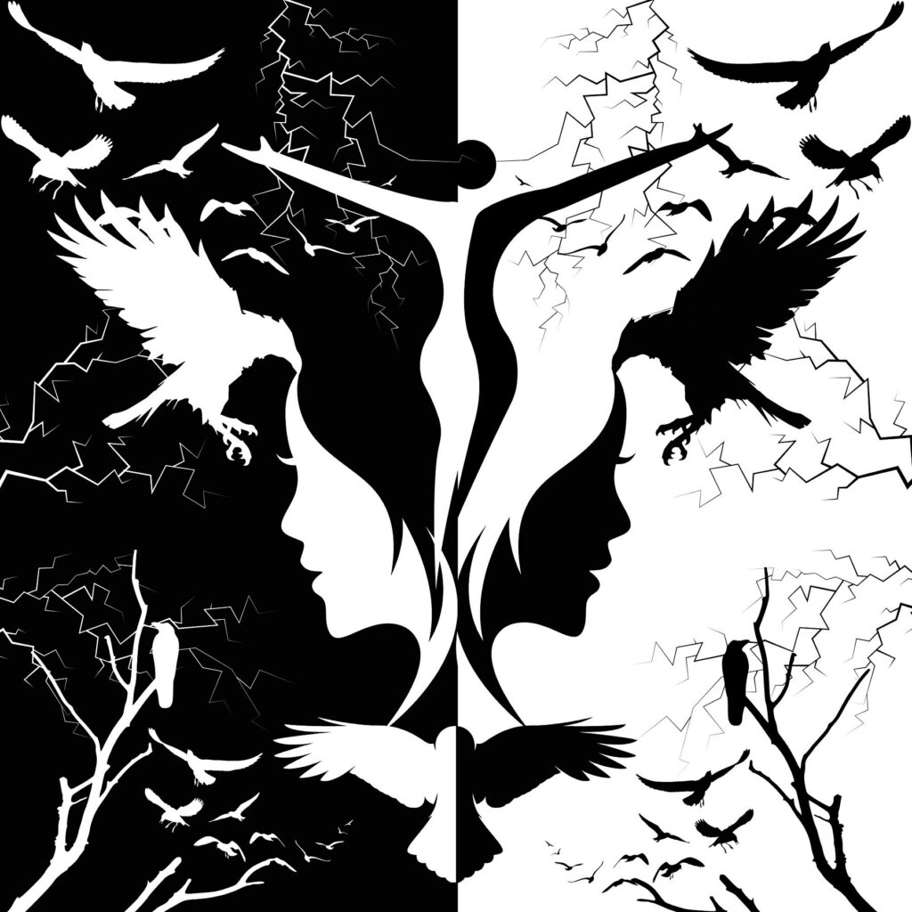 Befreite Seele | Free Soul: Dark Surrealism Inkwork von Anastasia Kourou: Symmetrische Komposition einer befreiten Seele, die sich zwischen Licht und Dunkelheit entfaltet.