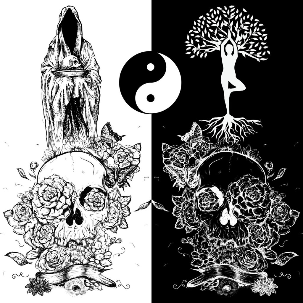 Ewiges Gleichgewicht | The Eternal Yin & Yang. Symbolische Grafik der Embracing Shadows Edition: Ein Baum des Lebens, dessen Wurzeln und Äste in einer Yin-Yang-Symmetrie mit Schädel-Elementen verwoben sind, als Zeichen für den ewigen Kreislauf.
