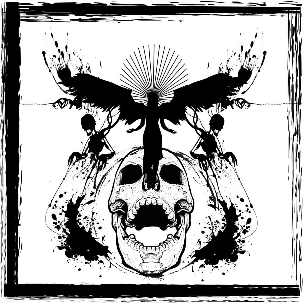 Controlling the Shadows: Dark Surrealism Inkwork von Anastasia Kourou: Symmetrische Darstellung von Schattenfiguren, die als kraftvolle Flügel einer zentralen Gestalt fungieren.